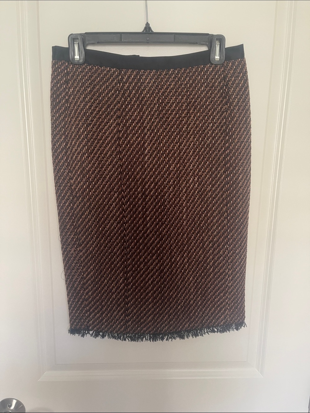Doncaster Black and Brown Tweed Pencil Skirt with Fringed Hemline